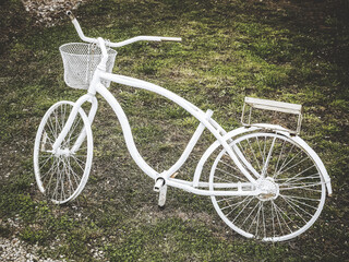 Fototapeta na wymiar White metal decorative bike with flower pot stands on the lawn