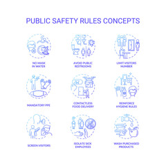 Fototapeta na wymiar Public safety rules concept icons set. Workplace safety guidelines idea thin line illustration. Contactless food delivery. Screen visitors. Vector isolated outline RGB color drawing