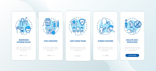 Workplace safety guidelines onboarding mobile app page screen with concepts. Use antibacterial gel in office walkthrough 5 steps graphic instructions. UI vector template with RGB color illustrations