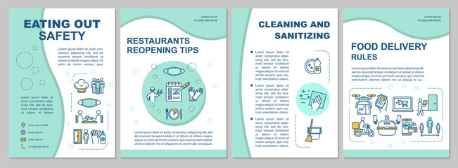 Eating out safety brochure template. Cleaning and sanitizing. Flyer, booklet, leaflet print, cover design with linear icons. Vector layouts for magazines, annual reports, advertising posters