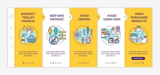 Safe shopping onboarding vector template. Disinfect trolley handles. Keep safe distance. Wash products. Responsive mobile website with icons. Webpage walkthrough step screens. RGB color concept