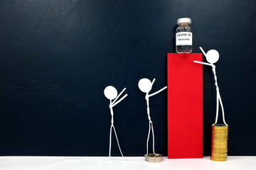Human stick figures reaching for covid-19 vaccine vial. Purchasing power, financial advantage and...