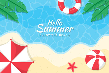 Beautiful Hello Summer background.  Summer background with umbrellas, beach balls, starfish and tropical leaves on the beach.