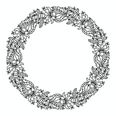 wreath with abstract flowers and leaves drawn on a white background, coloring, vector