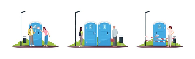 People nearby portable toilets semi flat RGB color vector illustrations set. Bio loo, lavatory, wc. Public convenience restroom service Isolated cartoon character on white background