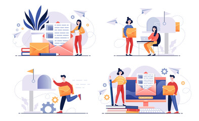 Fototapeta na wymiar Digital mail services concept with four scenes showing people posting, receiving delivering and opening an envelope with correspondence, colored vector illustration