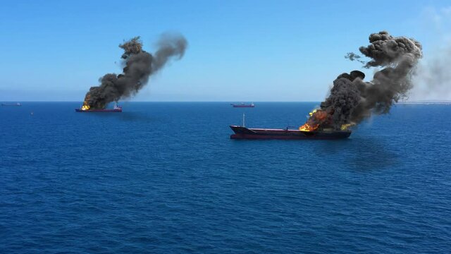 Cargo ships Burning on fire under attack in Mediterranean Sea 
Real Drone view with visual effect Elements,Aerial
