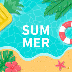 Fototapeta na wymiar Summer background with tropical leaves, flowers and pineapple inflatable floating beds on the beach. Hand drawn hello summer background.