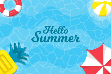 Hello summer background. Summer background on the sea with umbrellas, beach balls and pineapple inflatable floating beds.