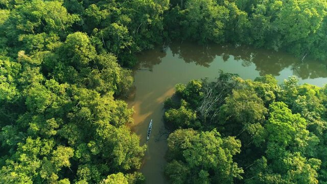 Wide Static Aerial Drone Shot Of Boat Moving Across A Curved River In The Amazon Rainforest Between Green Jungle Flora At Sunset In Cuyabeno Ecuador