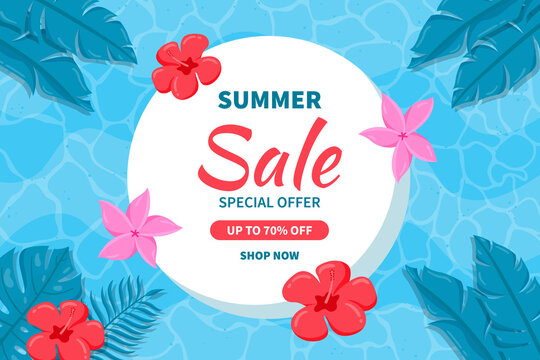 Hello Summer sale background. Beautiful background for summer sale with tropical leaves and flowers in the sea.