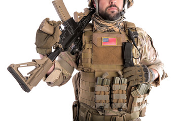 Portrait Of A Soldier Holding Gun against a white background. isolated. u.s. soldier