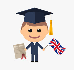 Cartoon graduate with graduation cap holds diploma and flag of the United Kingdom