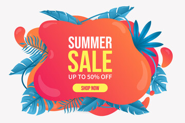 Beautiful Summer sale background. Summer banner template summer abstract geometric background with tropical leaves.