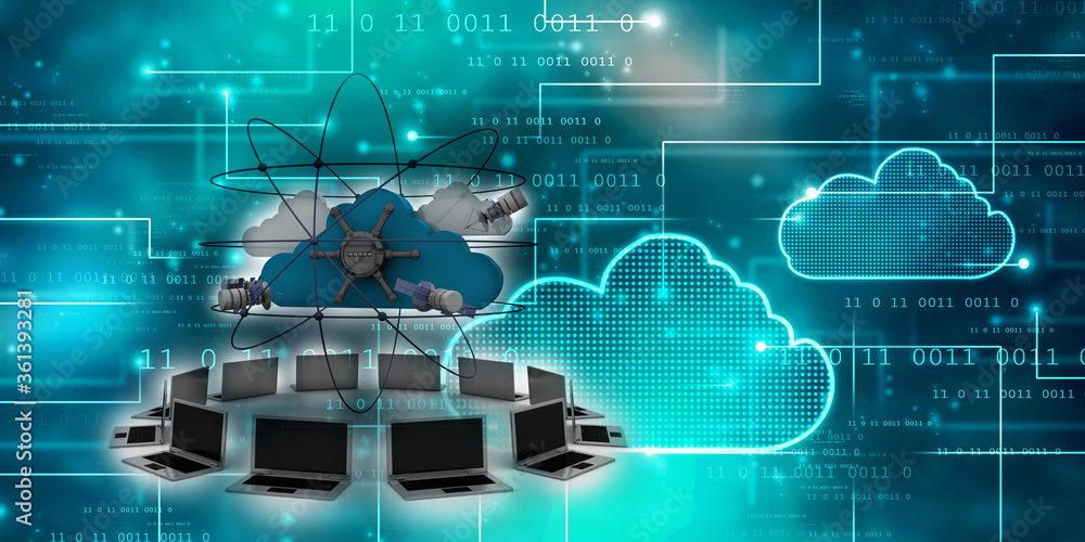 Aufkleber 3d illustration space satellite orbit with cloud around computer network