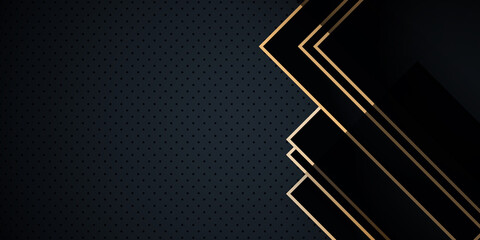Dark blue black tone abstract background 3D shadow overlap layer. Realistic golden line and dot metal carbon textured background. Gold line futuristic design concept.