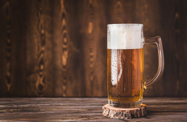 Mug of beer with foam on a wooden table copy space. Cold beer.