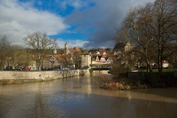 Halle Glober Theatre, Bridge and River Kocher, Schwabisch Hall, Baden Wurttemberg, Germany -...