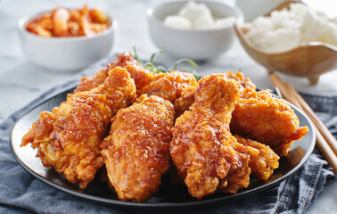 crispy fried korean chicken wings in soy garlic sauce with pickled radish and kimchi sides