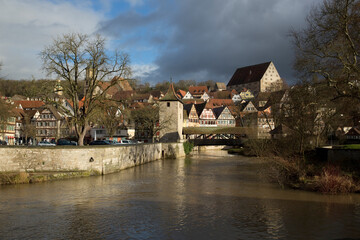 Bridge and River Kocher, Schwabisch Hall, Baden Wurttemberg, Germany - December 2013