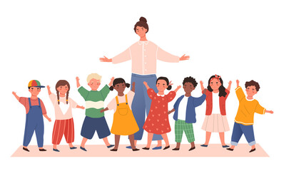 Female teacher with a class of diverse young children playing games and waving over white, colored vector illustration