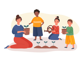 Teacher educating young kids about gardening and the importance of planting of new plants as she kneels on the ground with three kindergarten children, colored vector illustration