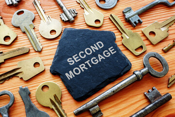 The second mortgage concept. House figurine and many keys.