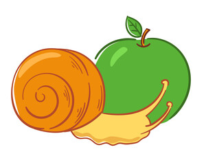 Colorful cartoon snail with green apple illustration. Flat vector art isolated on white background. Minimalist drawing for card, coloring book, children game, poster or print.