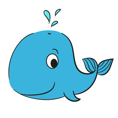 Cute cartoon smiling whale illustration. Vector drawing for coloring book, children game, web banner, poster or print. Funny hand-drawn animal character.