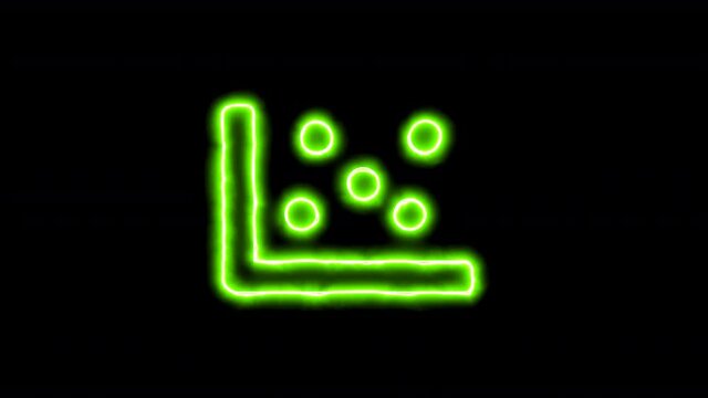 The appearance of the green neon symbol chart scatter. Flicker, In - Out. Alpha channel Premultiplied - Matted with color black