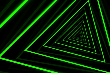 Triangular Tunnel. Bright Structure of the Corridor in Perspective. Abstract Green and Emerald Pattern with Stripes. Vector. 3D Illustration