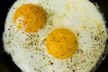 Top view of two fried eggs in a black frying pan