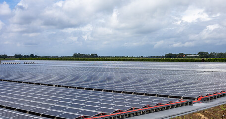 Solar photovoltaic modules during sunset and after rain in power plant, Netherlands