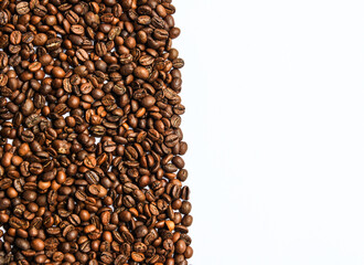 Fresh coffee beans with bright background and copyspace