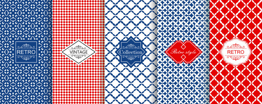 Set of seamless geometric patterns in blue and red with trendy modern colorful labels. Shabby chic. Vector geometric seamless textures with diagonal lines, stripes