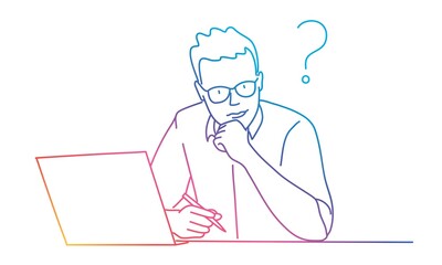 Pensive man working, sitting at table. Question mark. Rainbow colours in linear vector illustration.