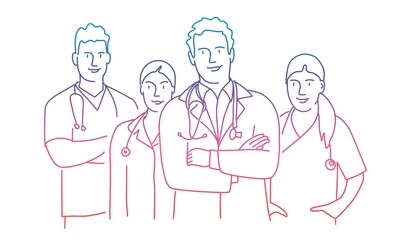 Group of doctors  with arms crossed. Concept teamwork in hospital. Rainbow colours in linear vector illustration.