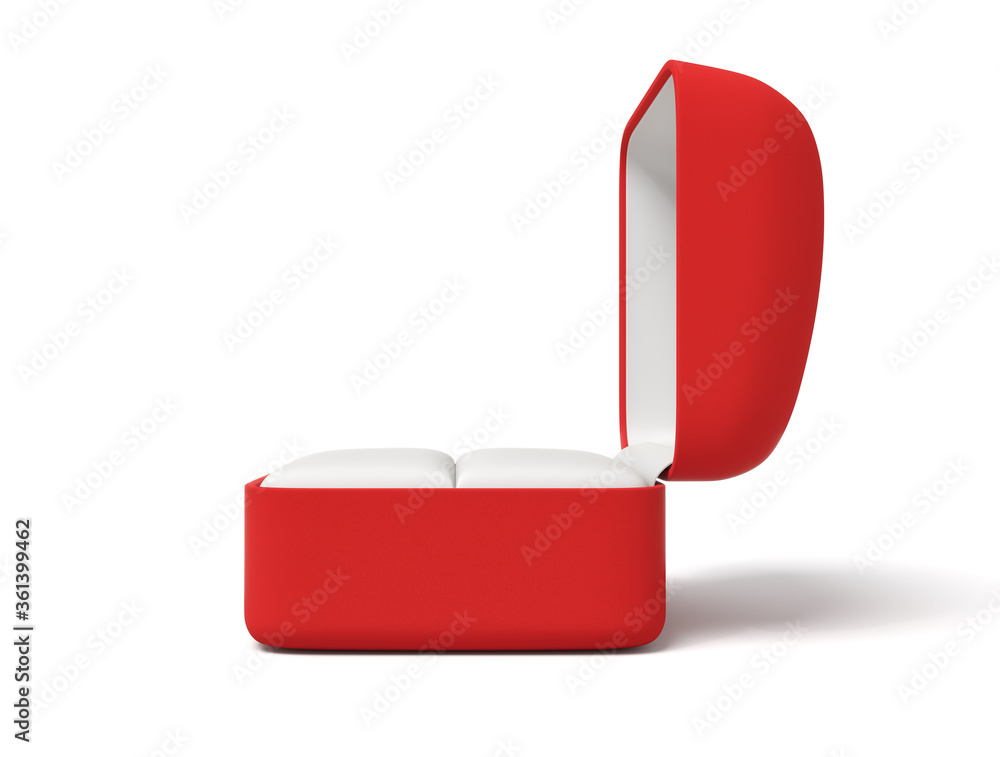 Poster 3d close-up rendering of open empty red ring box on white background.