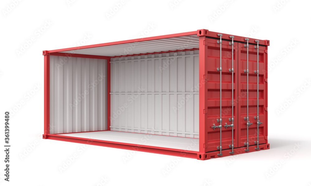 Poster 3d rendering of open empty red shipping container side view isolated on white background