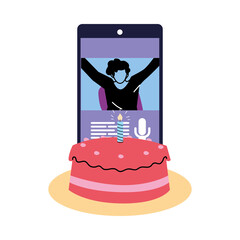 man on smartphone with cake vector design
