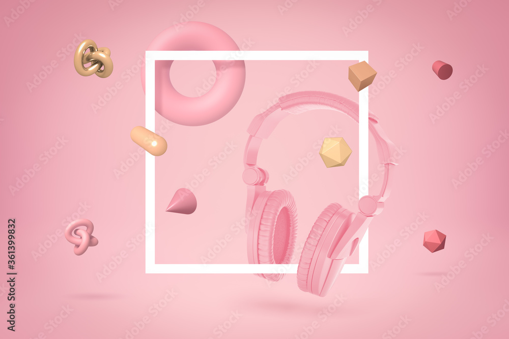 Poster 3d rendering of pink head phones, square white frame and lots of geometric objects floating on pink 