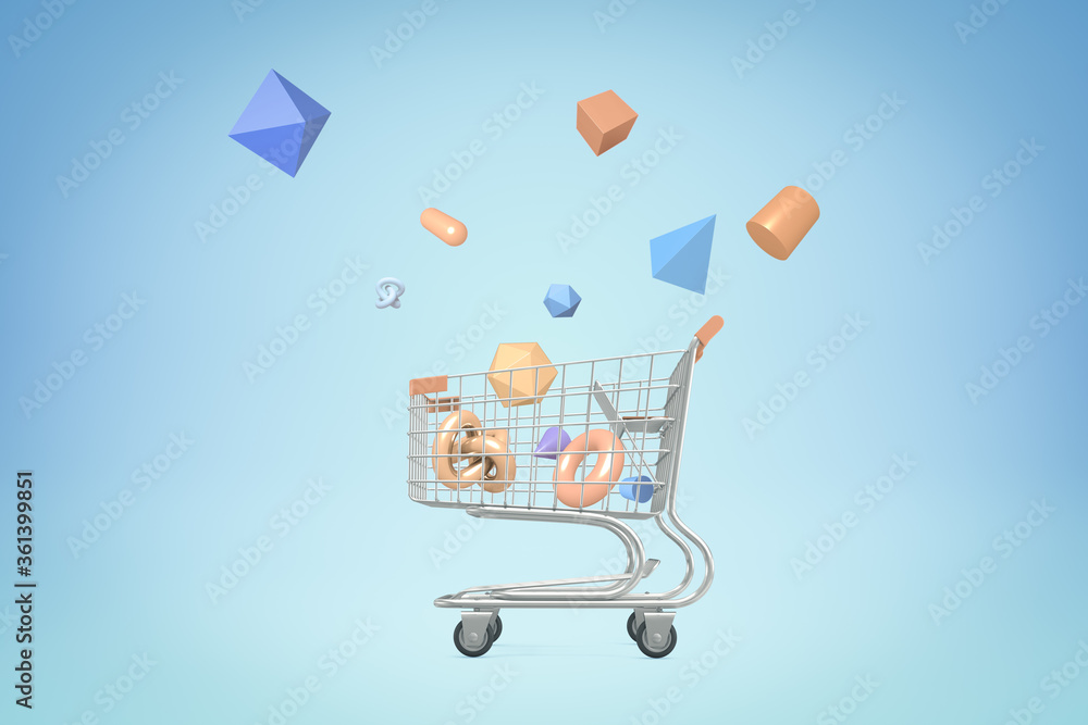 Poster 3d rendering of shopping cart with random geometric objects on blue background