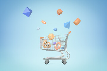 3d rendering of shopping cart with random geometric objects on blue background