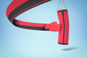 3d rendering of red punching bag and boxing glove with trail on blue background