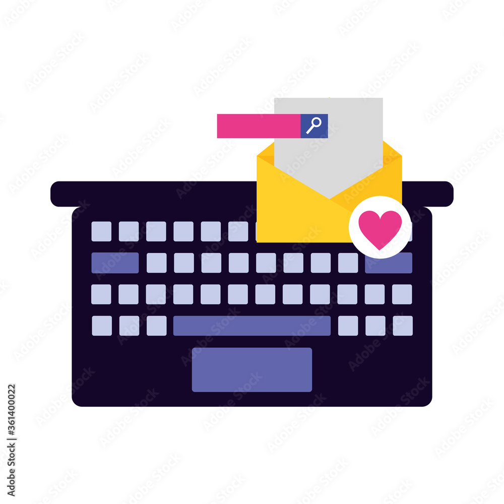 Poster laptop envelope with heart and search button vector design