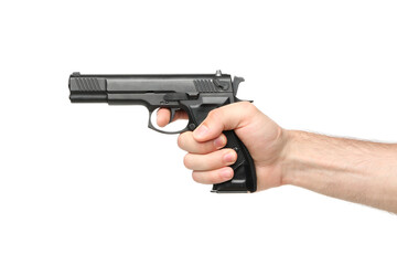 Male hand hold black pistol, isolated on white background - obrazy, fototapety, plakaty