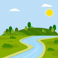 Fototapeta premium River in green valley. Field, green hill, forest and pond. Blue water. A place for outdoor activity and tourism. Natural landscape. The flow of the stream. Summer season. Cartoon flat illustration