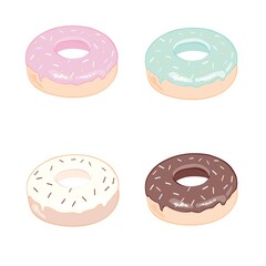 Donut vector set on a white background. Donuts set with mint, creamy, pink and blue glaze. Donats colorful icon set. Donuts into the glaze collection.