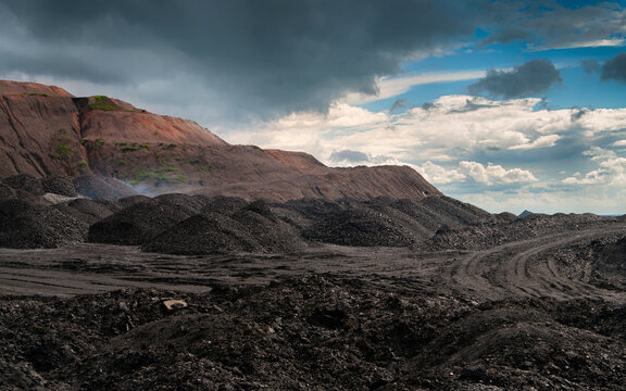 Closeup view from donbass slagheap on a stormy sky background.