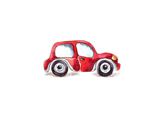 Watercolor illustration.children's toy red car. Isolated on a white background.